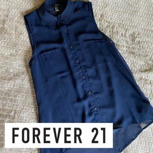 ⭐️ NWOT Forever 21 Sheer Sleeveless High Low Blouse, Women’s S, Navy Button Down